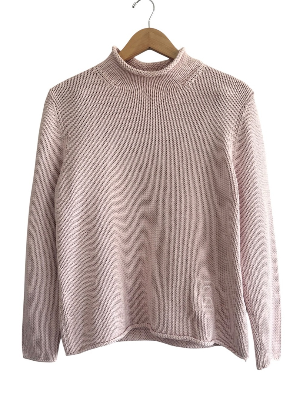 Vintage Pale Pink Mock Roll Neck Chunky Knit Sweater Embroidered B
